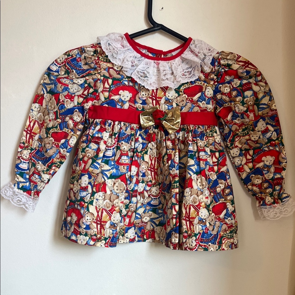 Vintage Holiday Bear Print Kids Dress with Lace Collar